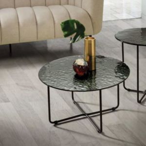 Table basse ronde JON - plateau verre tremp&eacute; martel&eacute; fum&eacute; - gris et blanc