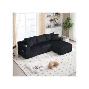 Canap&eacute; 3 places en velours c&ocirc;tel&eacute; souple canap&eacute; modulable avec m&eacute;ridienne 5 coussins poches lat&eacute;rales et porte-gobelet Noir