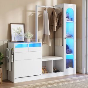 Meuble Entr&eacute;e Combo 6-en-1 Garde-Robe Coiffeuse LED Penderie Banc & Armoire &agrave; Chaussures Pliante Vitrine Verre