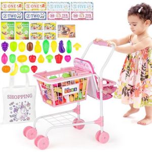Chariot de Courses deAO pour Enfants 3 Ans+ Caddie Jouet avec Si&egrave;ge et Aliments