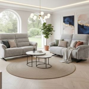 Ensemble canap&eacute; relax &eacute;lectrique 3 places + canap&eacute; fixe 2 places tissu maill&eacute; gris - LAMA