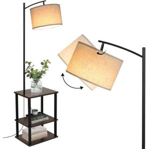 Lampadaire Sur Pied Salon avec Tablette de 3 Étagères en Bois, Abat-jour Réglable + E27 Base Noir