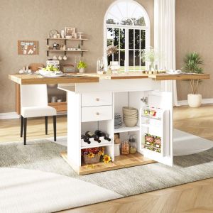 Table &agrave; Manger - Extensible avec Tiroirs Casier &agrave; Vin et Rangement Meuble Cuisine MDF et M&eacute;tal - 110-140x80x75 cm - Blanc