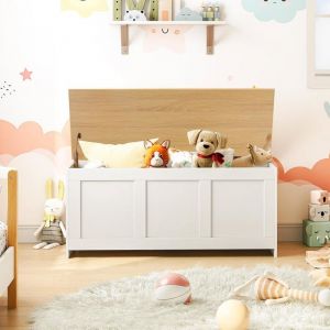 HOORBO Coffre de Rangement Coffre avec charnière de sécurité Banc de Rangement Coffre à Jouets Blanc et Couleur Bois