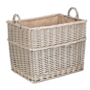 Grand panier de rangement rectangulaire pour bûches en osier doublé de toile de jute