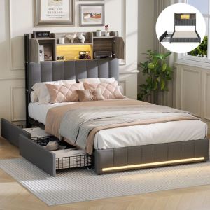 Lit 90x200cm avec sommier LED et 2 TiroirsLit Coffre avec 2 Prises secteur Port USB /Type-CRangement T&ecirc;te de litGris Lin