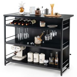 GOPLUS Table de Bar Industrielle Îlot de Cuisine avec Plan de Travail Étagères Casier à Vin Porte-verres & Repose-piedsNoir