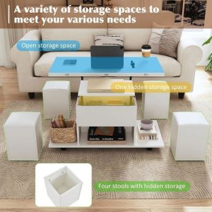 Table basse multifonctionnelle trois-en-un - comprend quatre tabourets - r&eacute;glable en hauteur et convertible en table &agrave; manger - di