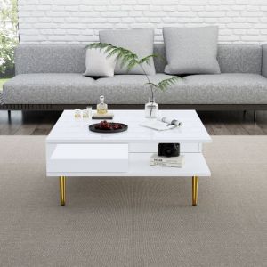 Table basse carrée en blanc laqué brillant avec deux tiroirs deux compartiments ouverts70 x 70 x 36 cm-HAUSS SPOLE