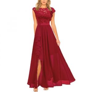 Robe de Soirée Cocktail Femme Dentelle Sans Manches Robe Mariage Longue Col Rond Couleur Unie - Rouge