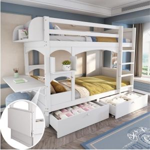 MODFU Lit superposé enfant 90x200 cm avec bureau rabattable étagère échelle et 2 tiroirs bois massif blanc sans matelas