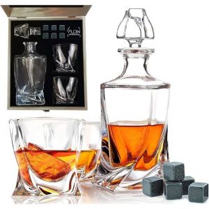 Carafe et verre &agrave; whisky  Twist Designer carafe et 2 verres &agrave; whisky avec 6 pierres &agrave; whisky en granit  Coffret Multi VERRE A VIN