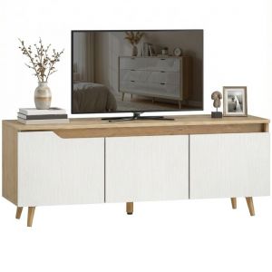Meuble TV - HOMCOM - pour t&eacute;l&eacute;viseur jusqu&agrave; 55 pouces - 3 portes &eacute;tag&egrave;re r&eacute;glable - panneaux de particules - 120cm - ch&ecirc;ne et blanc