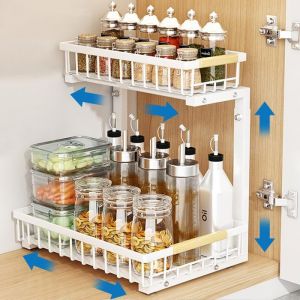 Rangement sous &Eacute;vier &agrave; 2 &Eacute;tages Organisateur sous Evier Tiroir Coulissant &agrave; Extraction Hauteur R&eacute;glable &Eacute;tag&egrave;re sous &Eacute;vier