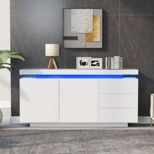 Buffet Sideboard 140 cm Blanc Laqu&eacute; Brillant &ndash; LED RGB avec Commande App & T&eacute;l&eacute;commande &ndash; 2 Portes + 3 Tiroirs