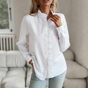 Chemisier Femme Rayures Manches Longues Casual Chemise Lâche Avec Volants Tissu Confortable - Taille EU - Blanc