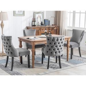 Lot de 4 Chaises de Salle à Manger Capitonnée en Velours Gris - Style Classique & Design - Pieds en Bois Massif Noir - L50 x P41 cm