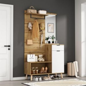 Armoire dentrée en bois avec miroir banc à chaussures meuble à chaussures tiroirs étagères et crochets de vestiaire marron
