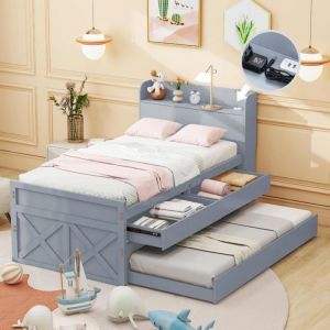 Lit simple 90x190 cm avec Gigogne pin avec 2 tiroirs table de chevet avec USB lit dappoint Gris