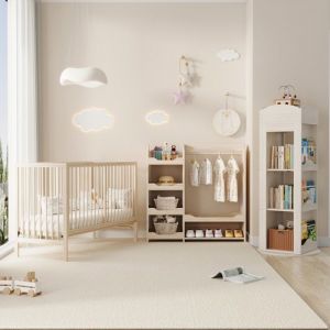 Chambre Complète Bébé Meuble enfant combo  lit armoire bibliothèque rotative bois - Multifonctionnel couleur naturelSans Matelas
