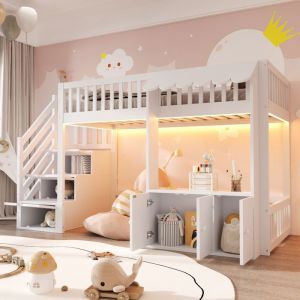 Lit Mezzanine Enfant 90 &times; 200 cm avec LED et Escalier de Rangement Lit 1 Place avec Barri&egrave;re S&eacute;curit&eacute; et Sommier &agrave; Lattes Blanc
