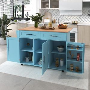 Desserte de Cuisine 129x46(71)x91.5cm Buffet Pliable chariot de cuisine avec 2 Tiroirs 3 Portes - Bleu