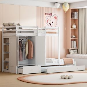Lit Superposé Enfant3 Places90 x 200 cmavec Rangement Lit TripleBlancLit Gigogne et Garde-RobeCompartimentBois