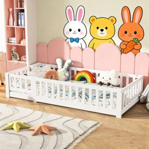 Lit Enfant 90x200 - Lit au Sol Enfant avec Barri&egrave;res de S&eacute;curit&eacute; - Bois de pin massif -Lit Bas Montessori avec sommier -Blanc