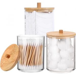 3 Pi&egrave;ces Porte-Qtip en Acrylique Bo&icirc;te &agrave; Coton-Tige Rond Pot Boule de Coton-Tige Distributeur de Pots