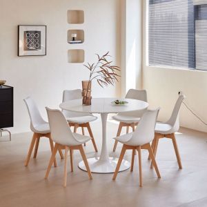 BenyLed 110cm Table de Salle &agrave; Manger Ronde avec 6 Chaises Scandinave pour la Mmaison Le Bureau Blanc