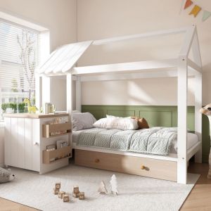 Lit cabane enfant 90x200cm bois massif blanc/chêne - tiroirs table chevet amovible - lit sol - Avec Matelas