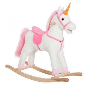 Cheval à bascule licorne à bascule selle grand confort peluche courte douce bois peuplier blanc rose