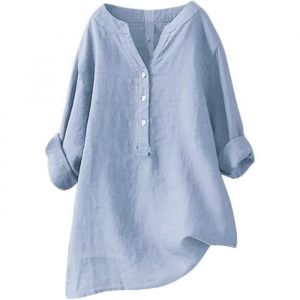 Chemisier Femme Coton Lin 2024 Printemps Eté Chic Chemisier  Manches Longues Oversized Lin Blouse Tunique Casual Col V bleu