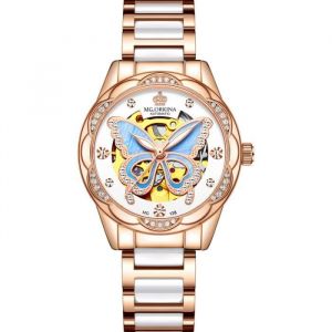 SHARPHY Montre femme mécanique automatique papillon diamants bracelet en acier cadran squelette bleu élégant cadeau