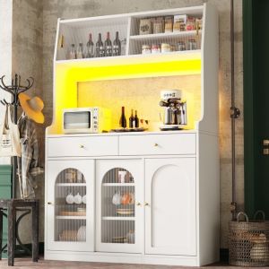 Buffet haut salle a manger -Meuble vaisselier cuisine avec éclairage LED -Armoire vitrine blanc avec 2 tiroirs -120x40x190 cm