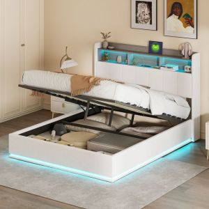 Lit Coffre 140x200 avec SommierLit Double Capitonn&eacute; Lit Rangement avec Tete de Lit Adultes avec Led et Usb Lit Rembourr&eacute; Blanc