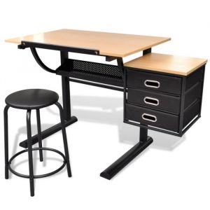 Table à dessin - KEENSO - DA007 - Inclinable 0-80° - 3 tiroirs - Tabouret rembourré