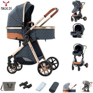 Poussette de luxe voyage 3 en 1 Magic ZC Poussette combinées cosy Poussette pliage automatique qualité sac à maman Bleu