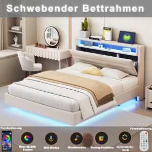 Lit capitonn&eacute; 140x200cm lit double avec douille USB et lumi&egrave;re LED lit adulte avec t&ecirc;te de lit &agrave; tour sommier &agrave; latteslin，beige