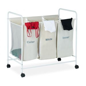 Relaxdays Panier à linge 3 Compartiments 100 litres Corbeille 3 bacs Sac a Linge roulettes 76 x 80 x 46cm beige