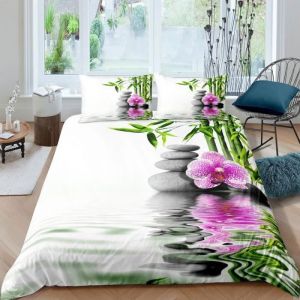 Parure de lit - MOUTON MAISON DECO - ZEN galets bambous fleur et leurs reflets - Blanc vert gris carmin - Microfibre- 220x240 cm