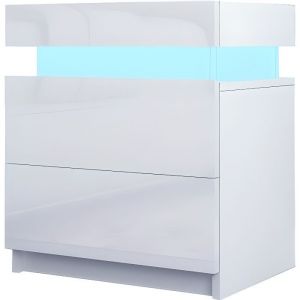 Table de chevet contemporain - MARQUE - Blanc brillant - LED - 2 tiroirs