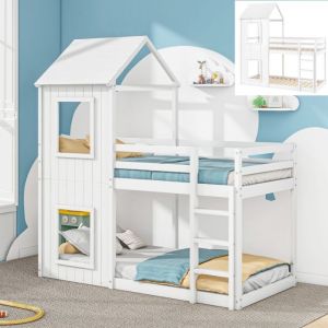 Lit superpos&eacute; enfant 90x200 cm avec &eacute;chelle et baldaquin -  lit cabane pour filles et gar&ccedil;ons - en bois massif - Blanc