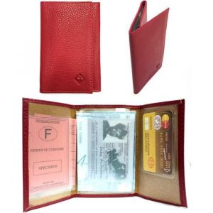 LOLUNA® Etui carte grise, permis, identité, assurance - Porte papier voiture cuir grainé souple - 3 volets compact - Rouge