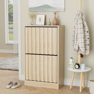 GOOBUY Armoire &agrave; Chaussures avec 2 Abattants Meuble &agrave; Chaussures Inclinable &Eacute;tag&egrave;re R&eacute;glables et Amovibles 50x24x865cm Naturel