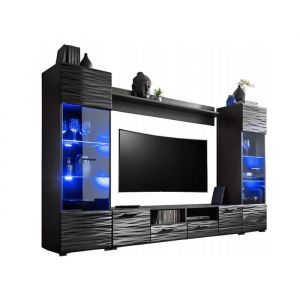 Meuble TV salon Queen 260 cm NOIR Laqué TV Effet 3D avec LED