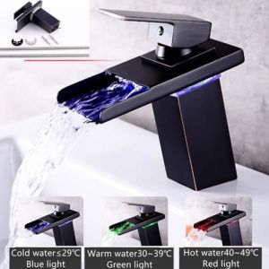Robinet Mitigeur Salle de Bain LED Style Moderne Lumi&egrave;res Bassin &eacute;vier Contr&ocirc;le la Temp&eacute;rature RGB de Couleur Robinets Noir