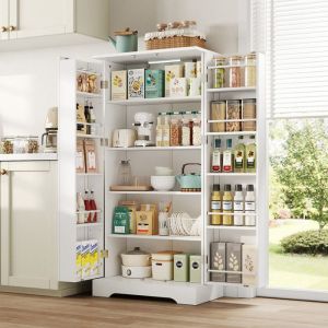 Buffet haut 60x35x128 cm avec &eacute;clairage LED &agrave; capteur Buffet de cuisine avec &eacute;tag&egrave;res r&eacute;glables Buffet salle a manger en blanc