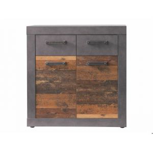 INDY - Meuble chambre. Commode avec 2 tiroirs en mélaminé coloris gris ciment portes bois effet vieilli . L - H - P : 82 - 86 -