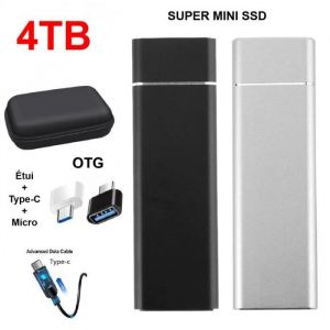 Disque Dur Externe SSD Portable 4TB 4To Argent avec OTG + &Eacute;tui Housse Sac de Protection HDD pour PC Ordinateur T&eacute;l&eacute;phone Mobile